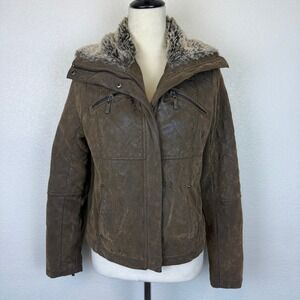 JouJou Faux Leather Quilted Jacket with Faux Fur Collar Brown Women's Size LG